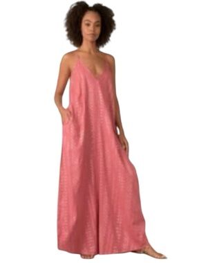 Elan Cleo coral Pink metallic gold print Maxi balloon Slip Dress pockets small